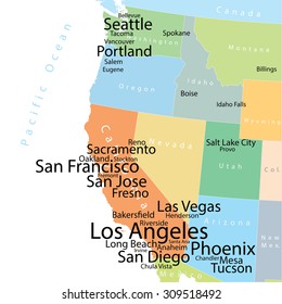 Vector map of USA West Coast with largest cities and metropolitan areas. Carefully scaled text by city population. 
