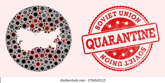 Vector map of USSR collage of coronavirus and red grunge quarantine seal. Infection cells around the quarantine territory from out space.