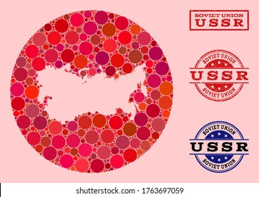 Vector map of USSR collage of round items and red scratched stamp. Hole round map of USSR collage designed with circles in variable sizes, and red color hues.