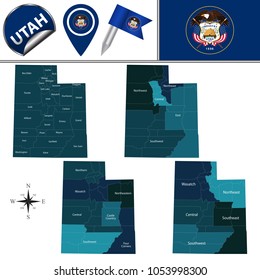 Vector map of Utah with named regions and travel icons