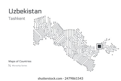 Mapa Vector de Uzbekistán creado a partir de un patrón de microchip, con la capital Taskent representada como un microchip