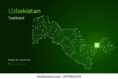 A vector map of Uzbekistan created from a microchip pattern, with the capital Tashkent depicted as a microchip