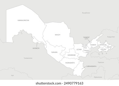 Vector map of Uzbekistan with regions and administrative divisions, and neighbouring countries and territories. Editable and clearly labeled layers.