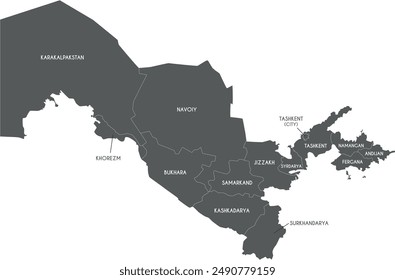 Vector map of Uzbekistan with regions or territories and administrative divisions. Editable and clearly labeled layers.