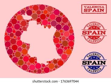 Vector map of Valencia Province collage of round blots and red watermark seal stamp. Stencil round map of Valencia Province collage formed with circles in different sizes, and red color tinges.