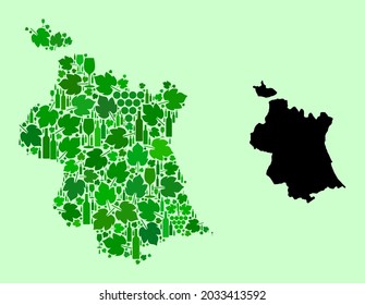 Vector Map of Valencia Province. Collage of green grapes, wine bottles. Map of Valencia Province collage formed with bottles, grapes, green leaves.