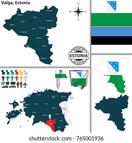 Vector map of Valga region and location on Estonian map
