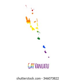 Vector map of Vanuatu in LGBT (lesbian, gay, bisexual, and transgender) flag colors and GAY Vanuatu caption on white background. Rainbow flag with denim textile texture.