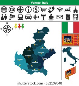 Vector map of Veneto with regions and location on Italy map