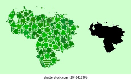 Vektor Karte von Venezuela. Mosaik aus grünen Weinblättern, Weinflaschen. Karte von Venezuela Mosaik mit Flaschen, Beeren, grünen Blättern. Abstraktes Mosaik für Illustrationen von Alkoholläden.