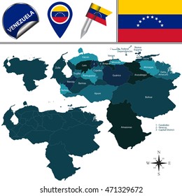 Vector map of Venezuela with named states and travel icons
