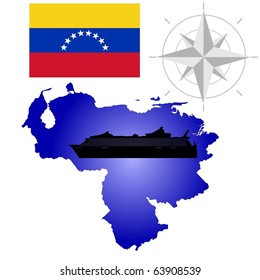 vector map of  Venezuela with a silhouette of the ship and the flag