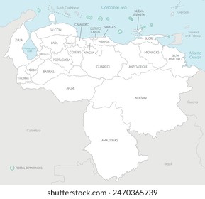 Vector map of Venezuela with states, capital district, federal dependencies and administrative divisions, and neighbouring countries. Editable and clearly labeled layers.