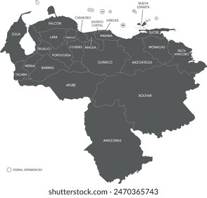 Vector map of Venezuela with states, capital district, federal dependencies and administrative divisions. Editable and clearly labeled layers.