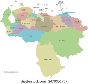 Vector map of Venezuela with states, capital district, federal dependencies and administrative divisions. Editable and clearly labeled layers.