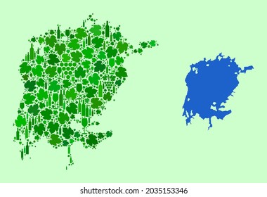 Mapa vectorial del lago Victoria. Mosaico de hojas verdes de uva, botellas de vino. Mapa del mosaico del Lago Victoria formado a partir de botellas, uvas, hojas verdes. El mosaico abstracto es útil para la comercialización de collages.