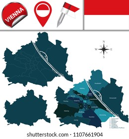 Vector map of Vienna, Austria with named districts and travel icons