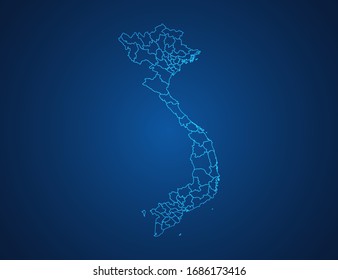 Mapa vectorial de Vietnam línea azul abstracta escala sobre fondo oscuro.