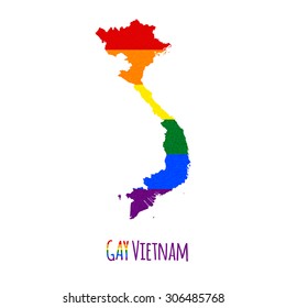 Vector map of Vietnam in LGBT (lesbian, gay, bisexual, and transgender) flag colors and GAY Vietnam caption on white background. Rainbow flag with denim textile texture.