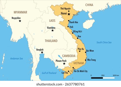 Vector Map of Vietnam with Major Cities and Neighboring Countries – Editable Illustration