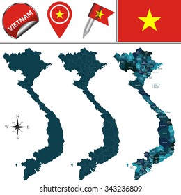 Vector map of Vietnam with named divisions and travel icons