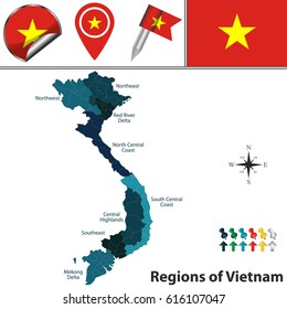 Vector map of Vietnam with named regions, flags and icons