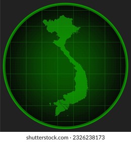 Vector map Vietnam on the radar screen with red grid. Template Asia country on monitor radar for pattern, report, background. Technology concept boundary Vietnam for news, infographic, army