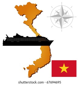 Vector map of  Vietnam  with a silhouette of the ship and the flag