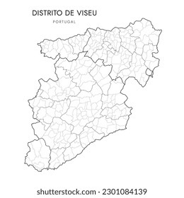 Vector Map of Viseu District (Distrito de Viseu) with administrative borders of Regions, Subregions, Municipalities (Concelhos) and Civil Parishes (Freguesias) as of 2023 - Portugal