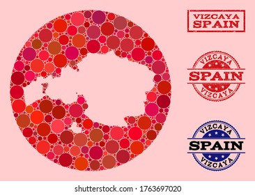 Vector map of Vizcaya Province collage of round items and red scratched stamp. Stencil round map of Vizcaya Province collage composed with circles in various sizes, and red color tones.