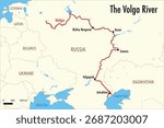 Vector Map of the Volga River Route with Major Cities and Delta in the Caspian Sea