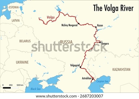 Vector Map of the Volga River Route with Major Cities and Delta in the Caspian Sea