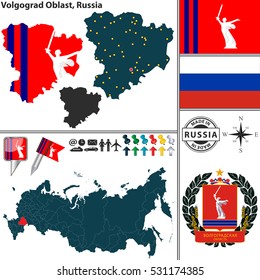 Vector map of Volgograd Oblast with coat of arms and location on Russian map