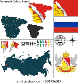 Mapa de Vector del óblast de Vorónezh con escudo de armas y ubicación en el mapa ruso