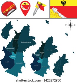 Vector map of Voronezh, Russia with named districts. There is variation of map where districts are signed in original russian language
