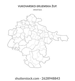 Mapa vetorial do condado de Vukovar-Srijem (Vukovarsko-Srijemska Županija) com povoações (Naselja) e cidades, cidades (Gradovi) e municípios (Općine) - Croácia 2025