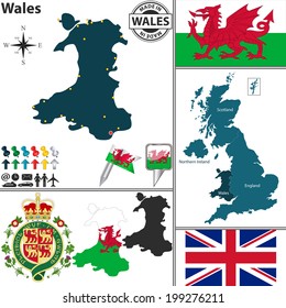 Vector map of Wales with coat of arms and location on United Kingdom map