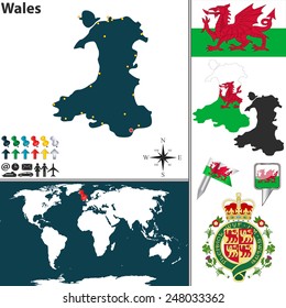 Vector map of Wales with coat of arms and location on world map
