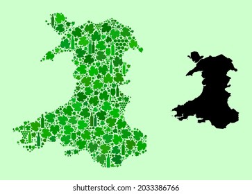 Vector Map of Wales. Collage of green grape leaves, wine bottles. Map of Wales collage designed from bottles, grapes, green leaves. Abstract collage useful for wine production applications.