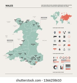 Vector map of Wales.  High detailed country map with division, cities and capital Cardiff. Political map,  world map, infographic elements.  