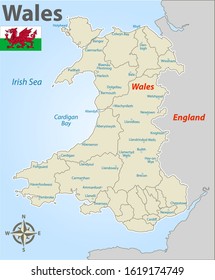 Vector map of Wales with named districts and icons