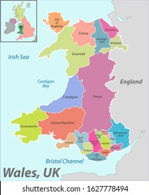 Vector map of Wales with named districts and location on the United Kingdom map