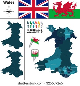 Vector map of Wales with principal areas and flags