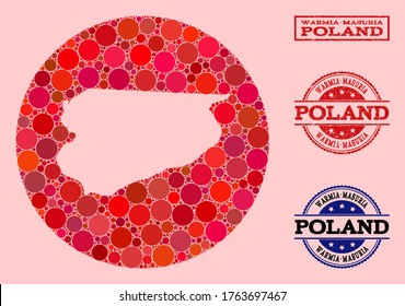 Mapa vectorial de la provincia de Warmia-Masuria de puntos de círculo y sello de sellado de grano rojo. Mapa circular de esténcil de la provincia de Warmia-Masuria formado con círculos en tamaños variables,