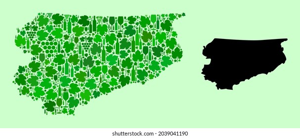 Vektor Karte der Provinz Warmia-Masuria. Kombination von grünen Weinblättern, Weinflaschen. Karte der Warmia-Masuria Provinz Collage aus Flaschen, Weintrauben, grünen Blättern.
