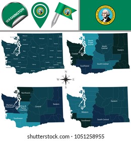 Vector map of Washington with named regions and travel icons