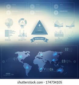 Vector map, web and mobile template. Corporate website design.  Web media backdrop.  Infographics with data icons, economic statistics. Blurred. Background. Triangle badge. 