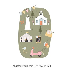 Vector map for wedding day with holiday symbols, icons. Graphic hand drawn design, invitation template