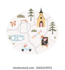 Mapa del Vector para el día de la boda con símbolos de vacaciones, iconos. Diseño gráfico dibujado a mano, Plantilla de invitación