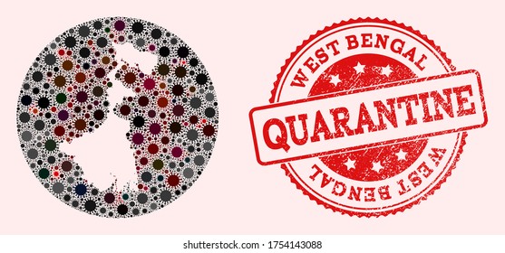 Vector map of West Bengal State collage of coronavirus and red grunge quarantine seal. Infection cells attack the quarantine territory from outside.